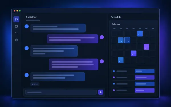 Concept preview of a dark conversational scheduling interface