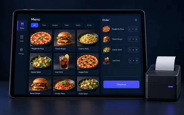 Concept preview of a dark restaurant point-of-sale tablet and receipt printer